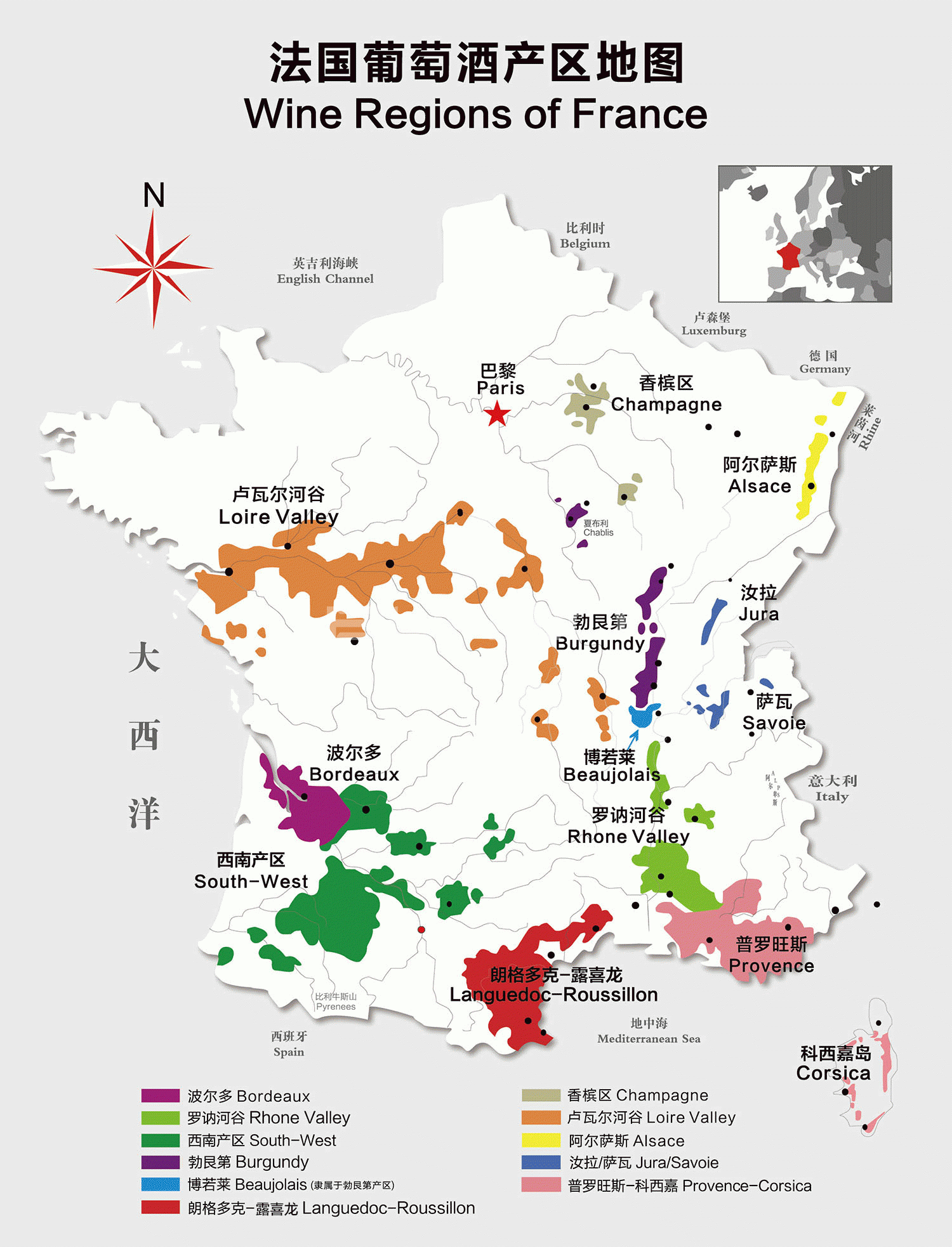 法国葡萄酒10大产区分布地图