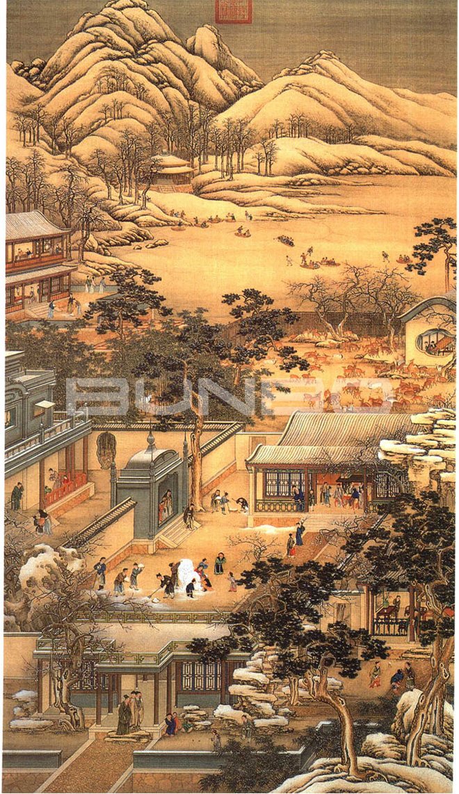 清院本《十二月令图轴》—雪庭堆狮 清院本《十二月令图轴》—雪庭堆狮